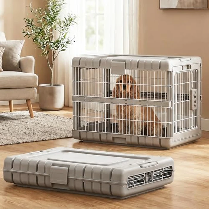 ZOMISIA Collapsible Dog Crate for Dogs - 28" L Heavy Duty Dog Kennel No Tools Required with 4 Sides Steel Foldable Cage for Dogs Indoor Furniture, Portable Carrier with 2 Smooth Wheels, Beige by ZOMISIA - Image 1
