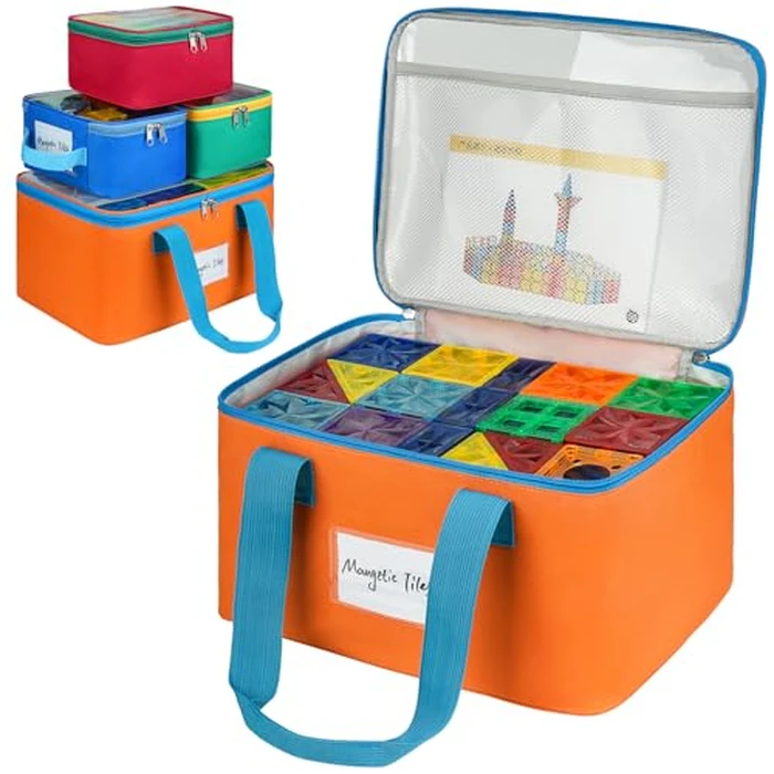 4 Pack Magnetic Tiles Storage Bags,Magnetic Tile Storage Bin,Toy Organizer Case with Mesh Pocket and Tag Pocket for Board Game,Puzzle and Lego Bricks by ZIOZERTT - Image 1