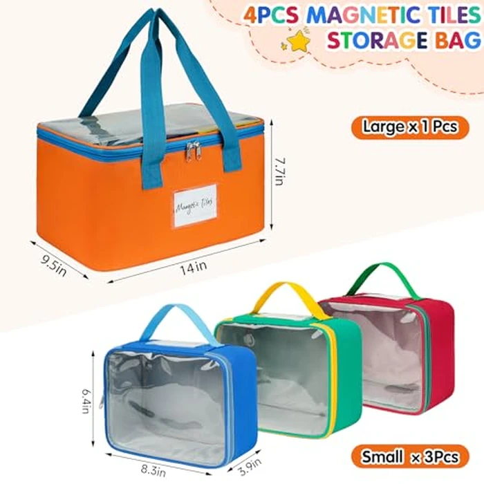 4 Pack Magnetic Tiles Storage Bags,Magnetic Tile Storage Bin,Toy Organizer Case with Mesh Pocket and Tag Pocket for Board Game,Puzzle and Lego Bricks by ZIOZERTT - Image 5