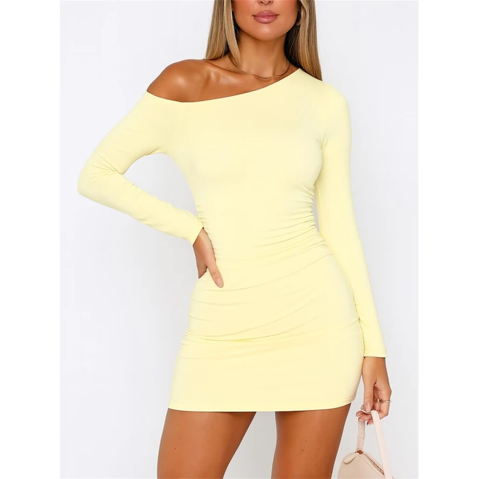 ForeFair Women's Off The Shoulder Long Sleeve Mini Dresses Double Lined Ruched Bodycon Club Party Going Out Outfits(S,Light Yellow) by ForeFair - Image 2