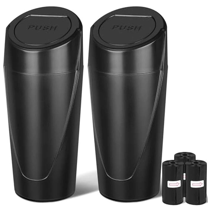 Kincown Car Trash Can, 2 Packs Mini Car Trash Bin with Lid, Leakproof Cup Holder Car Garbage Can with 60 Trash Bags, Vehicle Front Back Seat Organizers and Storage for Car, Home, Office, Black by Kincown - Used - Very Good condition
