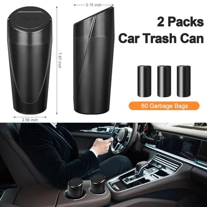 Kincown Car Trash Can, 2 Packs Mini Car Trash Bin with Lid, Leakproof Cup Holder Car Garbage Can with 60 Trash Bags, Vehicle Front Back Seat Organizers and Storage for Car, Home, Office, Black by Kincown - Image 6