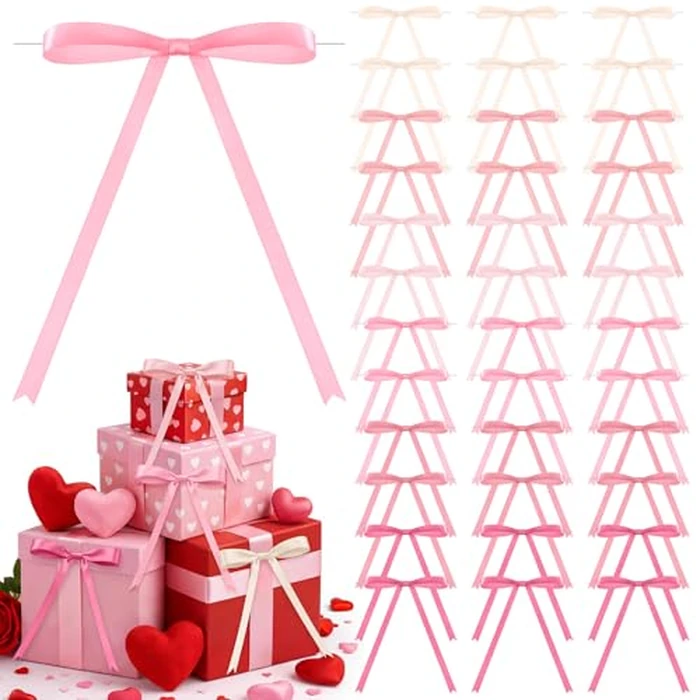 Canlierr 72 Pcs Pink Bows for Gift Wrapping, 5 x 7 Inch Satin Ribbon Twist Tie Bows, Mother's Day Craft DIY Gift Treat Bags Box Decorations for Birthday Wedding Party by Canlierr - Used - Very Good condition - US$10.47