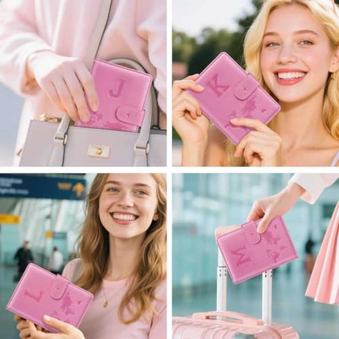Passport Holder Cover Initail Letter A-Z Travel Wallet Embossed Design RFID Blocking Card Holder Personalized Gift Passport Cover Wallet, Passport Book Holders for Women and Girls, Pink-M by Simikol - Image 3