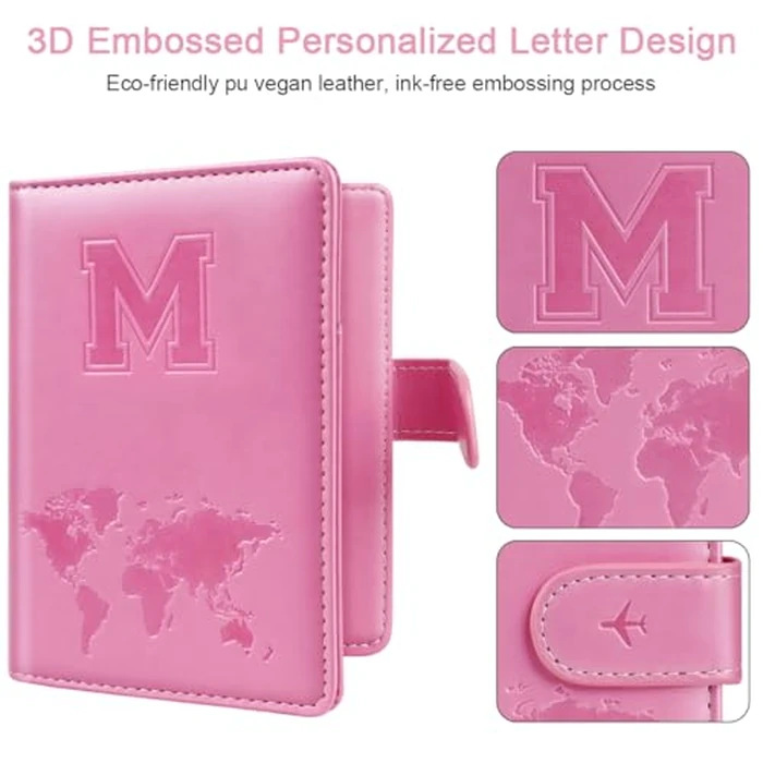 Passport Holder Cover Initail Letter A-Z Travel Wallet Embossed Design RFID Blocking Card Holder Personalized Gift Passport Cover Wallet, Passport Book Holders for Women and Girls, Pink-M by Simikol - Image 4
