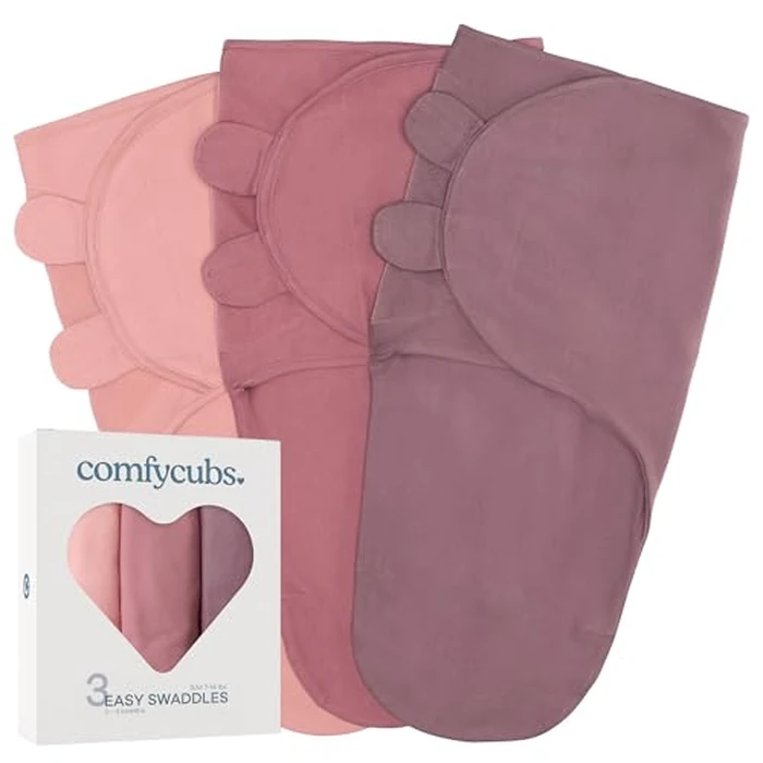 Comfy Cubs Easy Swaddle Blanket, 3 Pack - 100% Cotton Newborn Wrap, Small for 0-3 Months Infants, Breathable and Durable Sleep Sack for Babies - Blush, Mauve & Mulberry by Comfy Cubs - Image 1