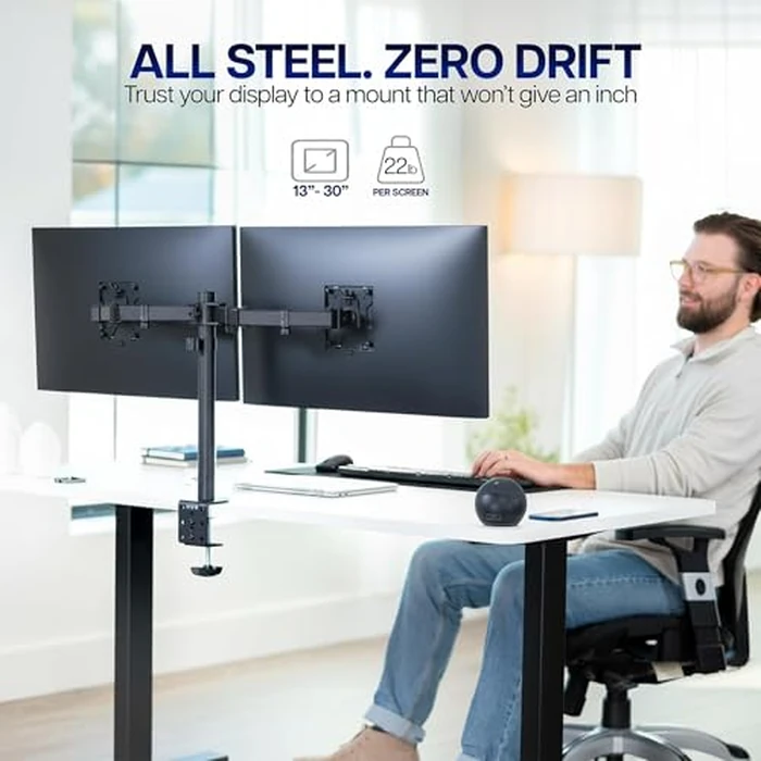VIVO Dual Monitor Desk Mount, Holds 2 Computer Screens up to 30 inches and 22lbs Each, Heavy Duty Fully Adjustable Steel Stand with C-Clamp and Grommet, Black, STAND-V002 by VIVO - Image 2