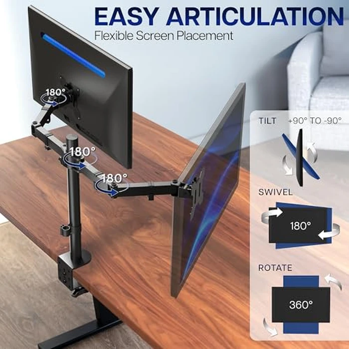VIVO Dual Monitor Desk Mount, Holds 2 Computer Screens up to 30 inches and 22lbs Each, Heavy Duty Fully Adjustable Steel Stand with C-Clamp and Grommet, Black, STAND-V002 by VIVO - Image 3