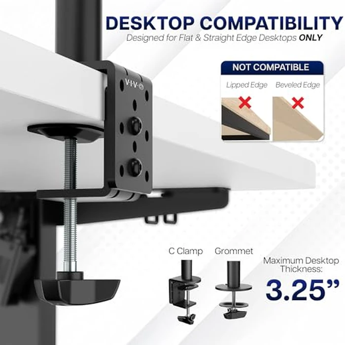 VIVO Dual Monitor Desk Mount, Holds 2 Computer Screens up to 30 inches and 22lbs Each, Heavy Duty Fully Adjustable Steel Stand with C-Clamp and Grommet, Black, STAND-V002 by VIVO - Image 6