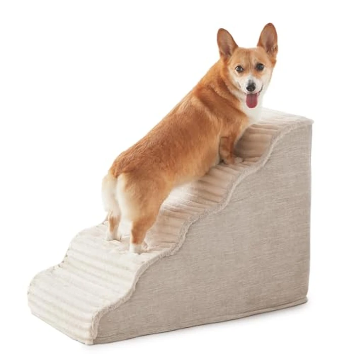 Laojin Balhen Dog Stairs for Small Dogs & Cats 22.5" H, High Density Foam Dog Steps Ramp for High Bed and Couch, Pet Stairs with Non-Slip Bottom and Remove Washable Cover, 5-Step Pet Steps, Beige by Laojin Balhen - Used - Like New condition - US$56.99
