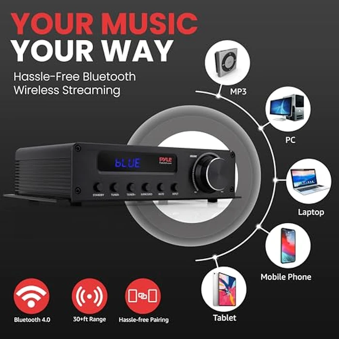 Pyle Stereo Amplifier - 100W Bluetooth Home Audio Receiver with 5.1 Channel, Perfect for Home Theater, Studio, Office, w/HDMI ARC, AUX, FM Antenna, Subwoofer Speaker Input, 12V Adapter by Pyle - Image 3