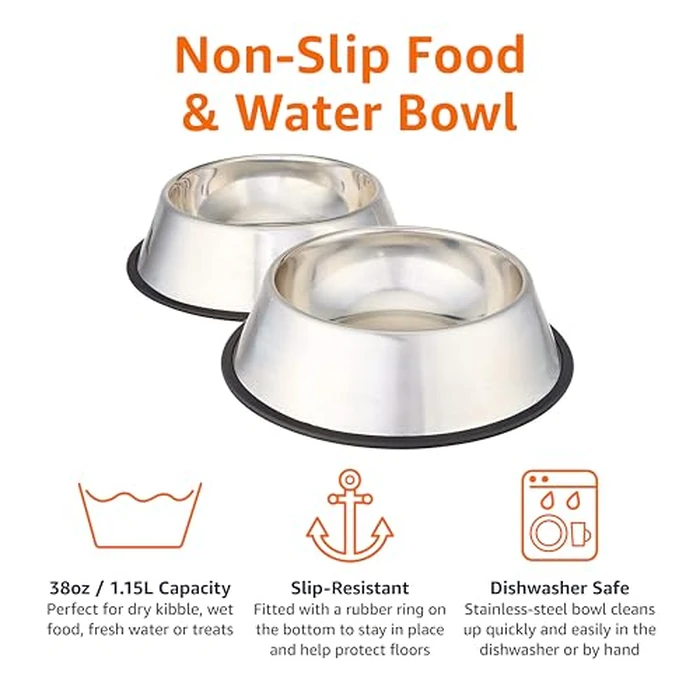 Amazon Basics Stainless Steel Non-Skid Dog Water And Food Bowls, Dishwasher Safe, Rust Resistant, 38oz Capacity, 10 x 2.8 Inches, 2-Pack by Amazon Basics - Image 8