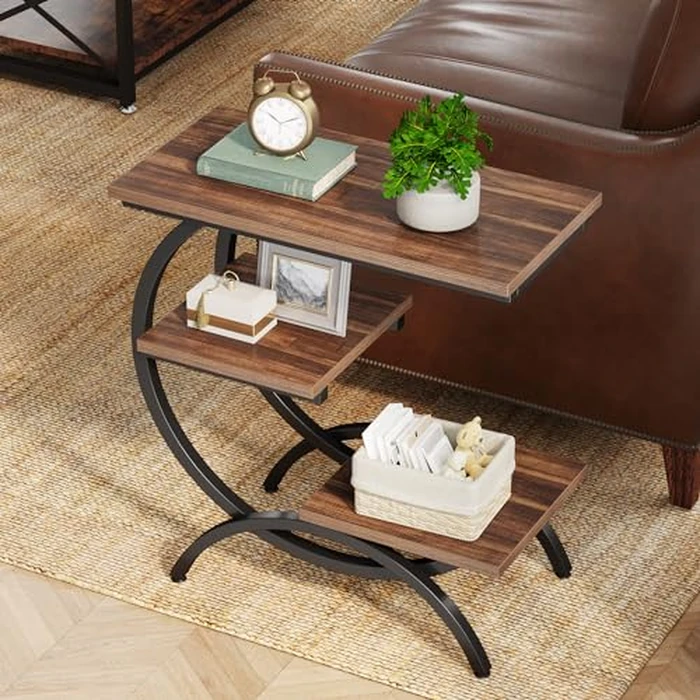 Tribesigns C-Shaped End Table, Industrial 3-Tier Small Side Table for Couch, Wood Bedside Table Snack Side Table with Storage Shelves for Living Room Small Space, Rustic Brown by Tribesigns - Used - Acceptable condition - US$53.17