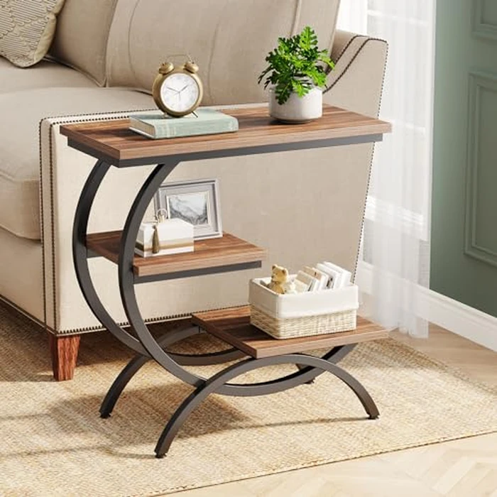 Tribesigns C-Shaped End Table, Industrial 3-Tier Small Side Table for Couch, Wood Bedside Table Snack Side Table with Storage Shelves for Living Room Small Space, Rustic Brown by Tribesigns - Image 2