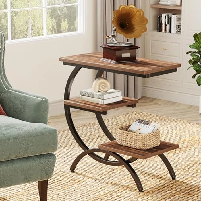 Tribesigns C-Shaped End Table, Industrial 3-Tier Small Side Table for Couch, Wood Bedside Table Snack Side Table with Storage Shelves for Living Room Small Space, Rustic Brown by Tribesigns - Image 6
