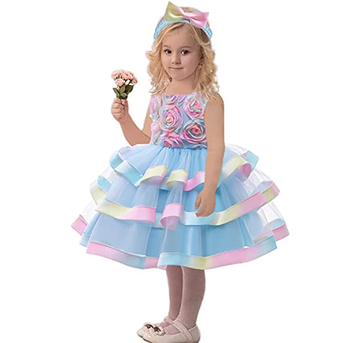 Formal Prom Pageant Wedding Girls Dresses A-line Knee Length Tutu Ruffle Lace Dress Princess Party Infant Baby Birthday Dress 12M 18M Blue 90 by AIMJCHLD - Image 2