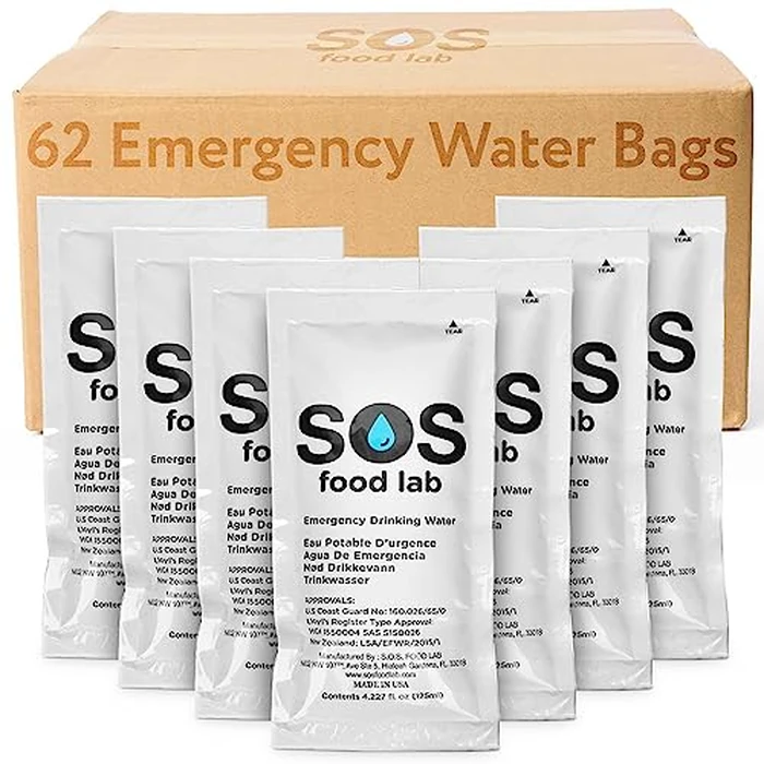 S.O.S Emergency Drinking Water - 62 Packets (4.22 oz Each) - 5-Year Shelf Life, Disaster Preparedness Supply, Portable Survival Water with Usage Tips - Ideal for Home, Car, Hiking, Camping by SOS Food Labs, Inc. - Used - Like New condition - US$30.51