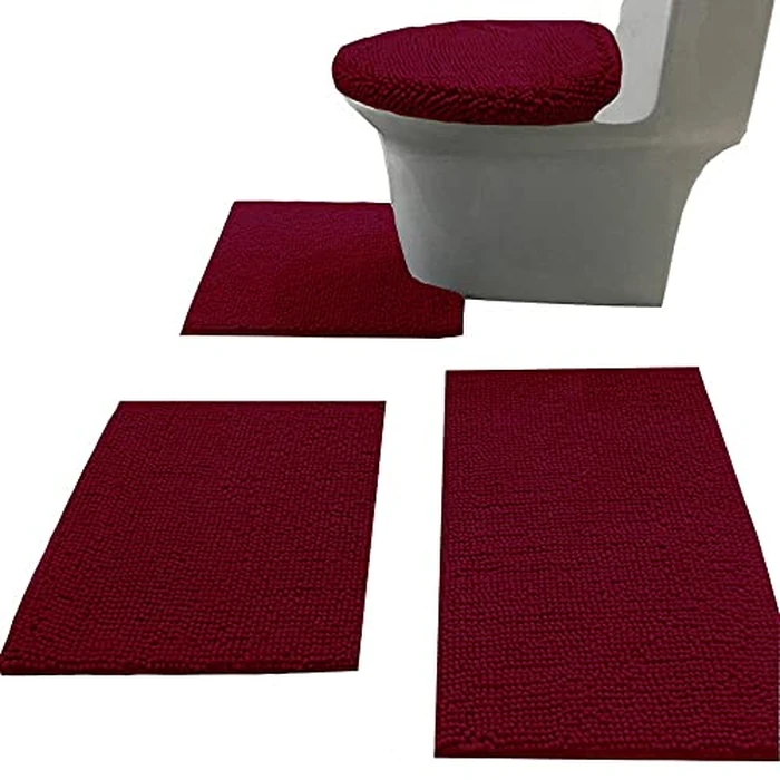 Madeals Bath Rug Set 4 Piece with Toilet Lid Cover Combo, Soft Shaggy Bath Rug Set 3 Piece and U-Shaped Toilet Floor Rug Burgundy by Madeals - Used - Like New condition - US$32.26