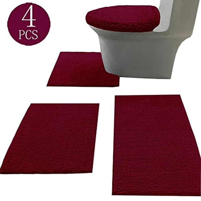Madeals Bath Rug Set 4 Piece with Toilet Lid Cover Combo, Soft Shaggy Bath Rug Set 3 Piece and U-Shaped Toilet Floor Rug Burgundy by Madeals - Image 2