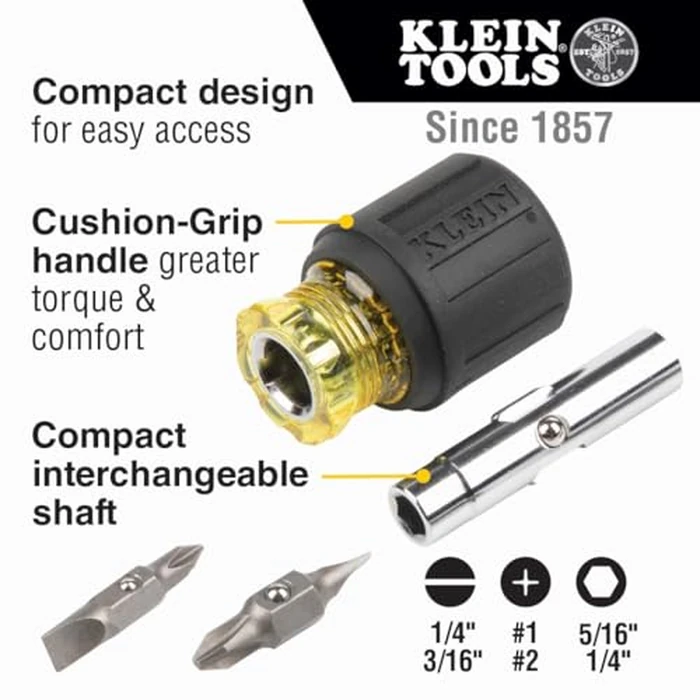 Klein Tools 32561 Multi-Bit Screwdriver/Nut Driver, 6-in-1 Stubby Screwdriver with 2 Phillips, 2 Slotted, 2 Nut Drivers by KLEIN TOOLS - Image 2
