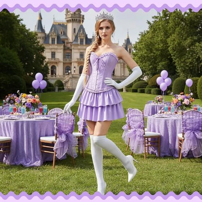 JaGely 5 Pcs Princess Fairy Costume for Women Corset Tops Skirt Headband Gloves Socks Adult Dress Carnival Role Play Party(S,Royal,Purple) by JaGely - Image 5