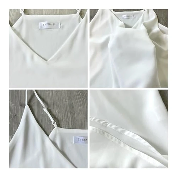 Evera B Women’s V-Neck Spaghetti Strap Tank Soft Dressy Casual Sleeveless Blouse Loose Cami Style Basic Shirt (Small, Adj Strap Off Wht) by Evera B - Image 2