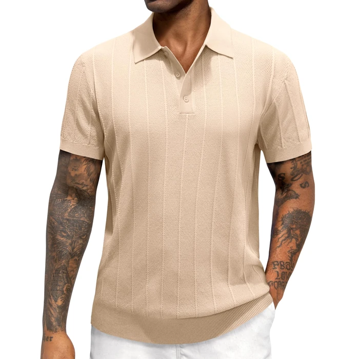 J.VER Mens Polo Shirt Knit Textured Polo Shirts Short Sleeve Lightweight Golf Polo Tops Medium Beige by J.VER - Image 1