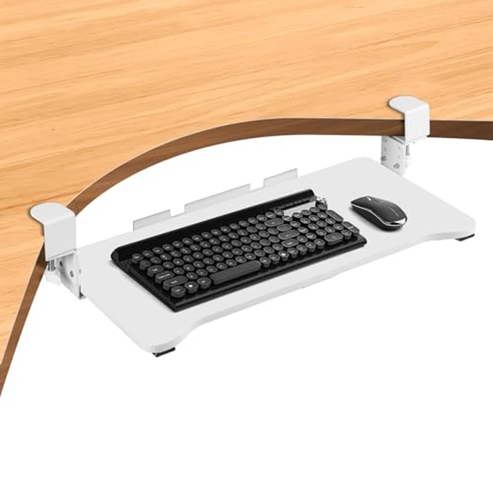 VUSIGN Keyboard Tray Under Desk Height Adjustable,Pull Out with Adjustable C Clamp Mount System for L-Shaped Tables, Extra Sturdy, 26.4” x 11.8” Slide-Out Platform Computer Drawer for Typing,White by VUSIGN - Used - Good condition - CA$50.39