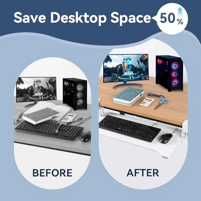 VUSIGN Keyboard Tray Under Desk Height Adjustable,Pull Out with Adjustable C Clamp Mount System for L-Shaped Tables, Extra Sturdy, 26.4” x 11.8” Slide-Out Platform Computer Drawer for Typing,White by VUSIGN - Image 5