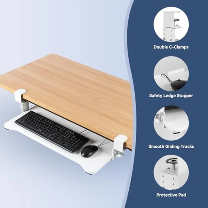 VUSIGN Keyboard Tray Under Desk Height Adjustable,Pull Out with Adjustable C Clamp Mount System for L-Shaped Tables, Extra Sturdy, 26.4” x 11.8” Slide-Out Platform Computer Drawer for Typing,White by VUSIGN - Image 9