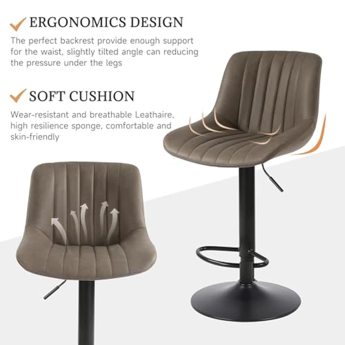 Lennox Furniture Swivel Bar Stools Set of 2, Bar Chairs Adjustable Height Bounded Leather Counter Height Barstools and Sturdy Metal Handel Kitchen Island Stool Sued Fabric by Lennox Furniture - Image 6