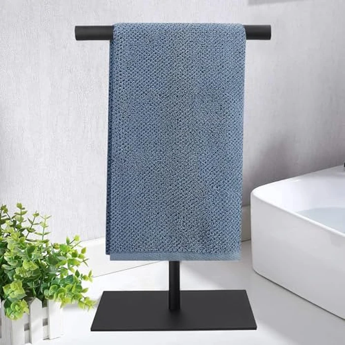 Towel Racks Hand Towel Stand, Countertop T-Shape Stainless Steel Free Towel Rack Stand Storage for Table, Black Towel Ladder Hanger Bar Drying with Heavy Base for Bathroom Kitchen, Bathroom Decor by Uxryd - Used - Acceptable condition - CA$10.86