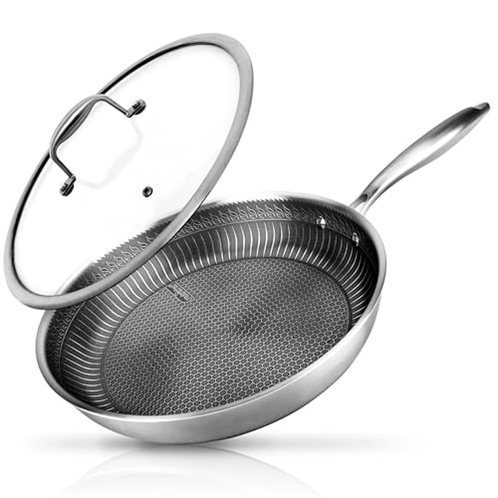 NutriChef Non Stick Frying Pan 10" - Stainless Steel Frying Pan with Glass Lid, Kitchen Cookware w/Dakin Etching, Scratch-Resistant by Nutrichef - Used - Acceptable condition