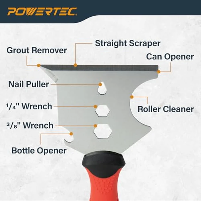 POWERTEC 9-in-1 Painter's Tool w/ 4 Inch Stainless Steel Putty Knife | Straight Scraper, Grout Remover, Roller Cleaning, Can Opener, Bottle Opener, Nail Puller, Screwdriver, 3/8" & 1/4" Wrench (72068) by POWERTEC - Image 3