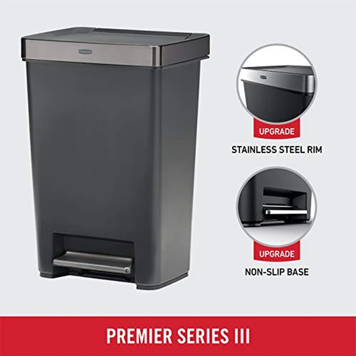 Rubbermaid Premier Series III Step-On Trash Can for Home and Kitchen, with Stainless Steel Rim, 12.4 Gallon, Charcoal, for Home/Kitchen/Garage/Apartment/Office by Rubbermaid - Used - Acceptable condition - US$52.25
