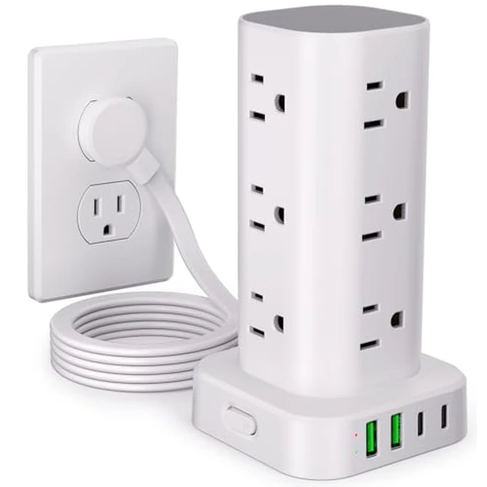 Power Strip Tower with Multiple Outlets, Flat Plug Surge Protector Tower Extension Cord with 12 AC Outlets 4 USB Ports (2 USB C), 6FT Cord Power Tower Surge Protector for Home Office Dorm Room, White by UWIWUTEI - Used - Like New condition