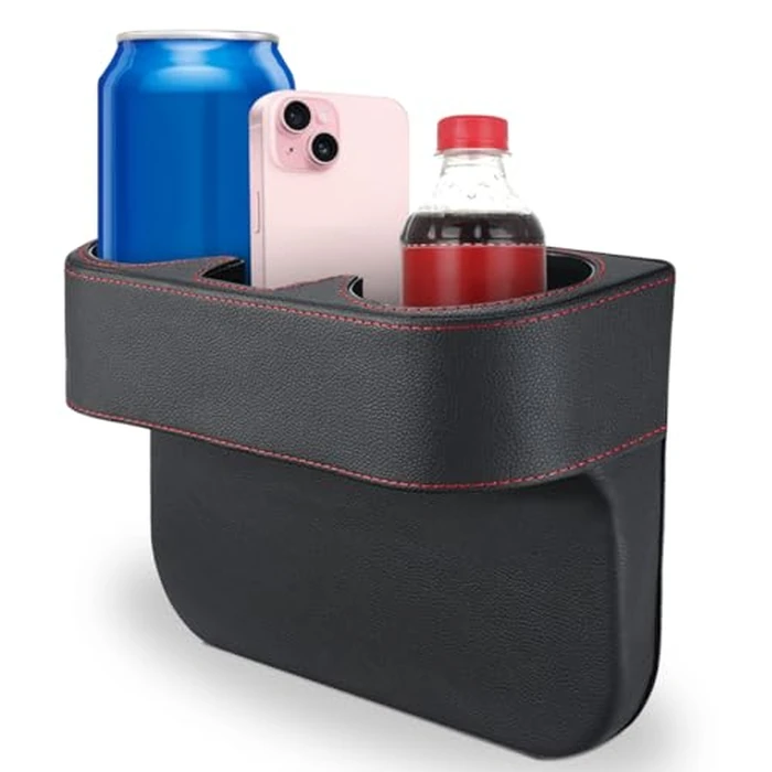 Car Cup Holder, Auto Front Seat Organizer, Multifunctional Cup Drink Holders with PU Leather Cover, Gap Filler Storage Box Coin Bucket Console Side Pocket Cell Mobile Phone Holder (Black) by KITUREK - Used - Very Good condition - US$19.74