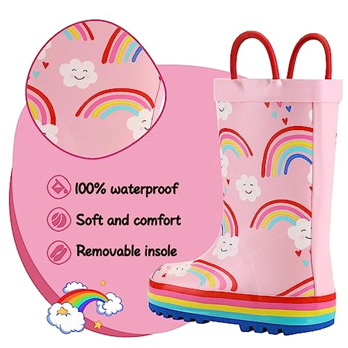K KomForme Kids Rain Boots Waterproof Printed Rubber boots with Handles, Size 2 Big Kid, Rainbow Cloud by K KomForme - Image 3