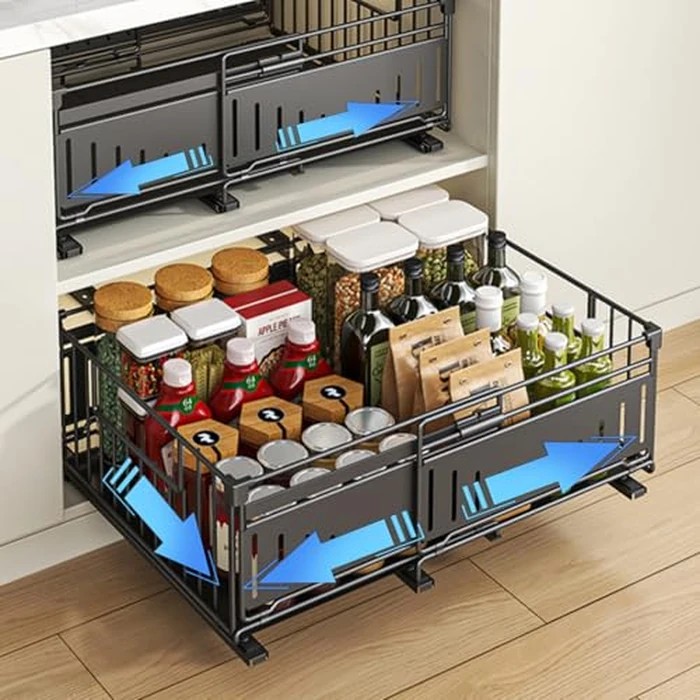 HABITELLO Pull Out Cabinet Organizer Expandable(12.8"-19.7"), No Drill Adhesive Pull Out Drawers Metal, Storage and Organization for Kitchen, Slide Out Drawers for Bathroom(Style A Black, 2 PCS) by HABITELLO - Image 1