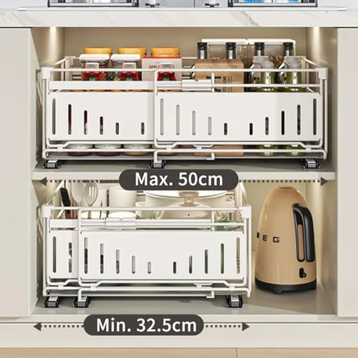 HABITELLO Pull Out Cabinet Organizer Expandable(12.8"-19.7"), No Drill Adhesive Pull Out Drawers Metal, Storage and Organization for Kitchen, Slide Out Drawers for Bathroom(Style A Black, 2 PCS) by HABITELLO - Image 2