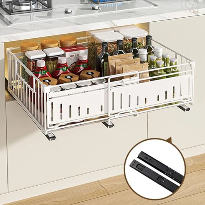 HABITELLO Pull Out Cabinet Organizer Expandable(12.8"-19.7"), No Drill Adhesive Pull Out Drawers Metal, Storage and Organization for Kitchen, Slide Out Drawers for Bathroom(Style A Black, 2 PCS) by HABITELLO - Image 5