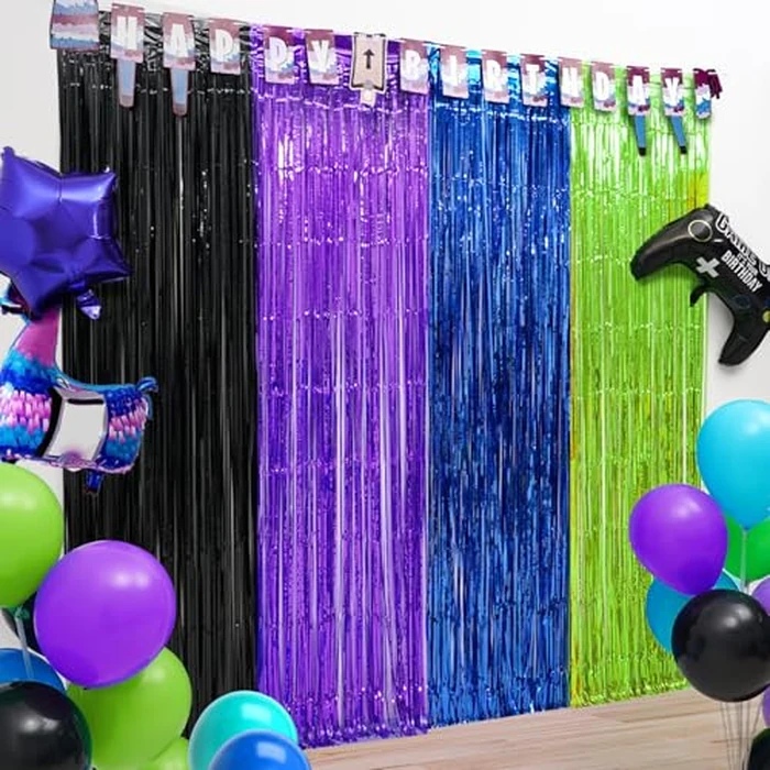 Video Game Party Decorations, 4 Pack Nite Gamers Party Foil Fringe Curtains, Black Purple Blue Green Metallic Tinsel Foil Fringe Curtains Photo Streamers for Video Game Party Photo Booth Props by WENSEO - Image 1