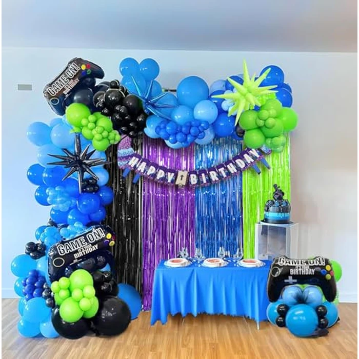 Video Game Party Decorations, 4 Pack Nite Gamers Party Foil Fringe Curtains, Black Purple Blue Green Metallic Tinsel Foil Fringe Curtains Photo Streamers for Video Game Party Photo Booth Props by WENSEO - Image 5