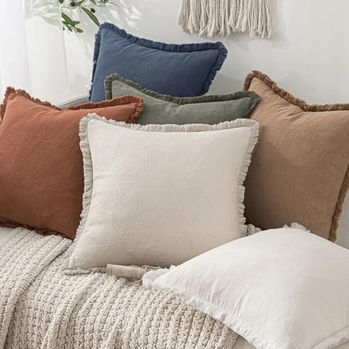 MIULEE Set of 2 Linen Throw Pillow Covers Decorative Boho Square with Tassels Farmhouse Cushion Covers Light Olive Green Accent Pillowcase with Fringe for Couch Sofa Bed Living Room Spring 20x20 Inch by MIULEE - Image 6
