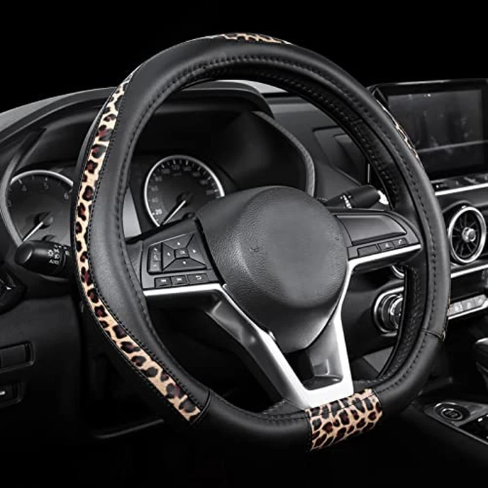 Road Comforts D-Type Steering Wheel Cover - Made with PVC Leather and Leopard Fabric - Universal Fit for 15-Inch D-Shaped Automotive Steering Wheels (Black Color) by Road Comforts - Image 1