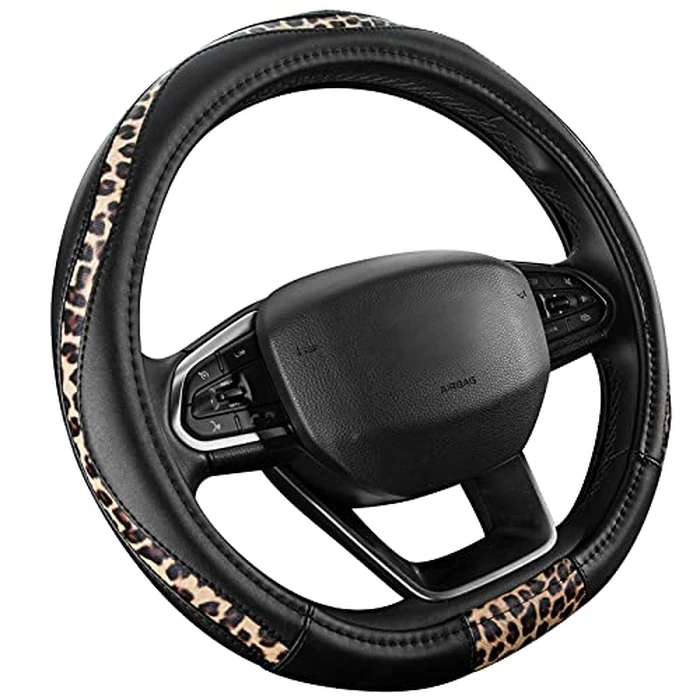 Road Comforts D-Type Steering Wheel Cover - Made with PVC Leather and Leopard Fabric - Universal Fit for 15-Inch D-Shaped Automotive Steering Wheels (Black Color) by Road Comforts - Image 2