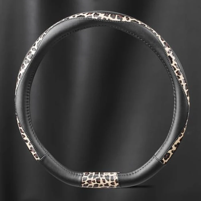 Road Comforts D-Type Steering Wheel Cover - Made with PVC Leather and Leopard Fabric - Universal Fit for 15-Inch D-Shaped Automotive Steering Wheels (Black Color) by Road Comforts - Image 5