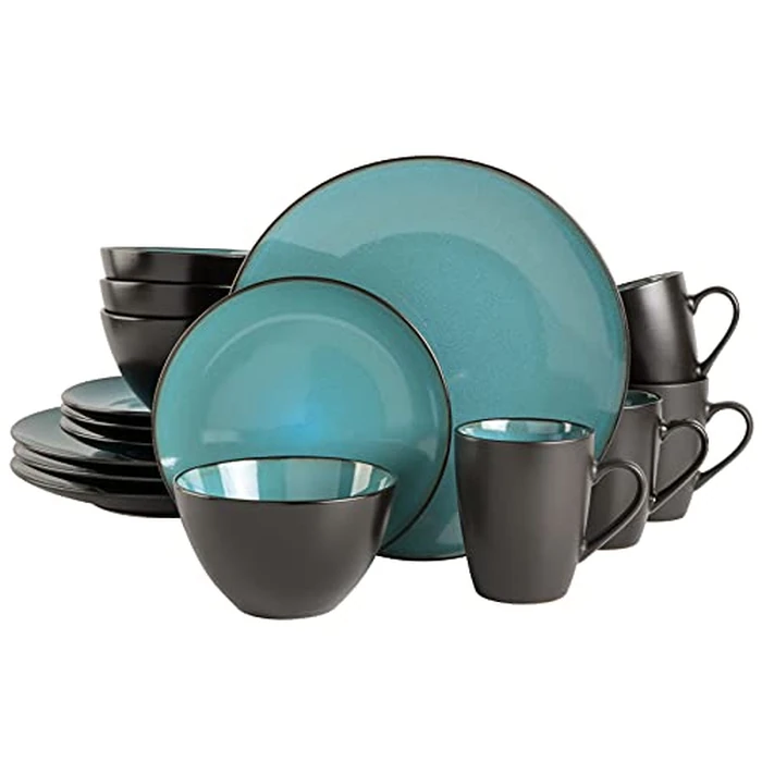 Gibson Elite Soho Lounge 16-Piece Round Reactive Glaze Stoneware Dinnerware Set, Service for 4 - Teal Plates and Bowls by Gibson Elite - Image 1