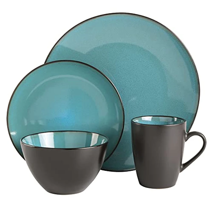 Gibson Elite Soho Lounge 16-Piece Round Reactive Glaze Stoneware Dinnerware Set, Service for 4 - Teal Plates and Bowls by Gibson Elite - Image 2
