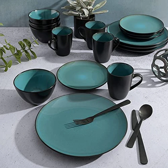 Gibson Elite Soho Lounge 16-Piece Round Reactive Glaze Stoneware Dinnerware Set, Service for 4 - Teal Plates and Bowls by Gibson Elite - Image 5
